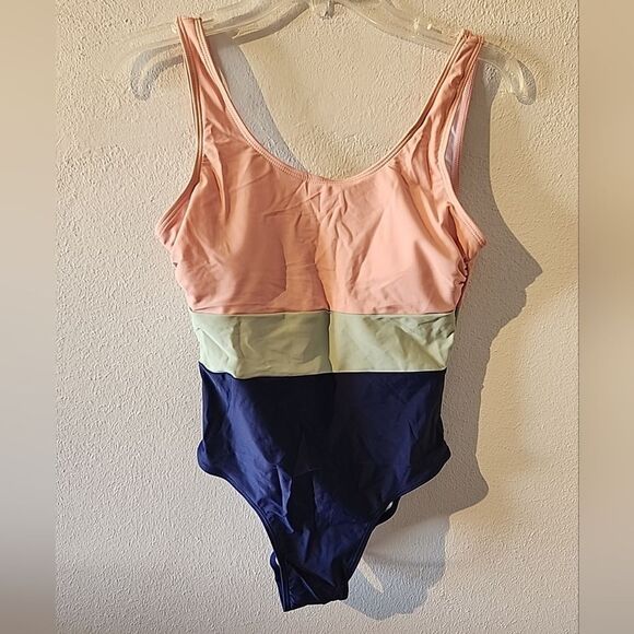 Sea Fancy Small Blue Green Pink Striped One Piece Swimsuit Bathing suit New - Picture 1 of 3
